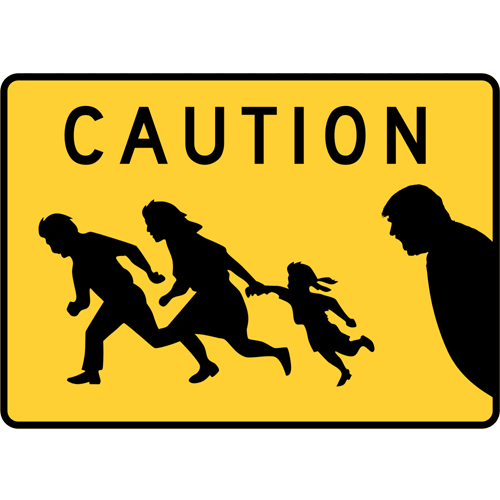 Parody of Immigrant crossing freeway sign with Trump leaning in from right like Alfred Hitchcock